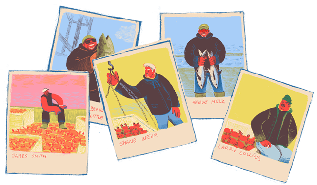 An illustration of five of the fishermen interviewed for this story. Each one appears in a Polaroid-style frame.